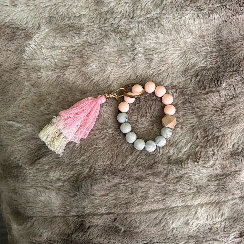 Altar'd State Pink and Gray Beaded Keychain with Tassel
